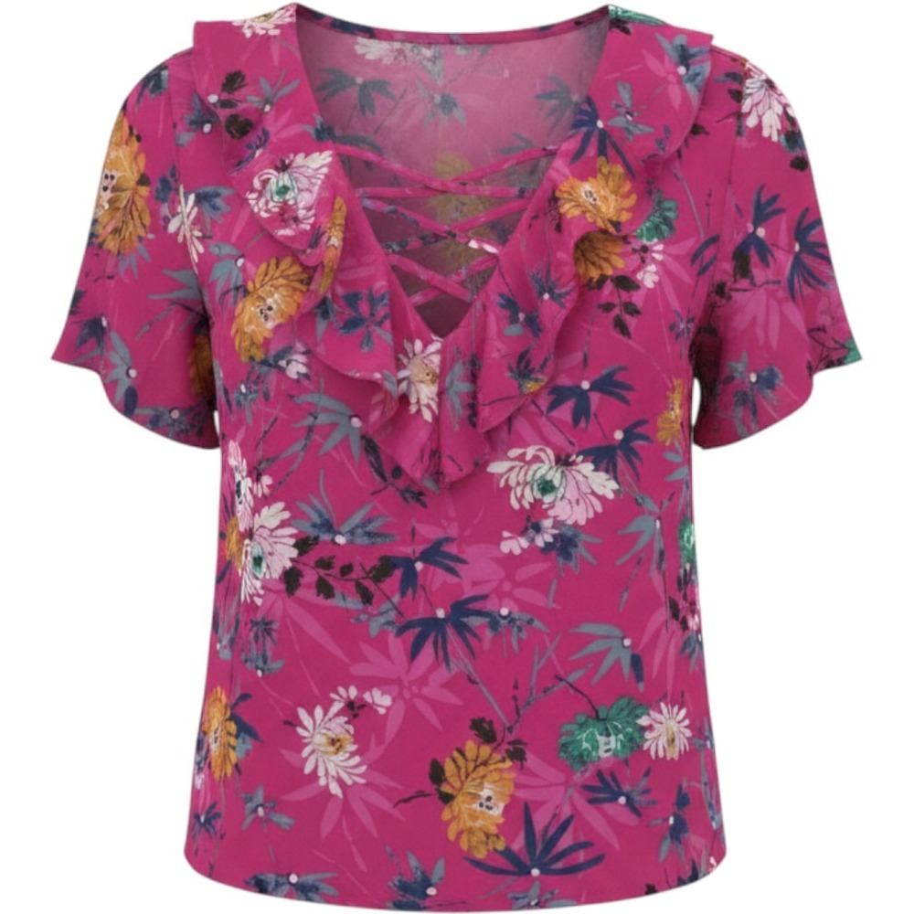 Urban Romantics Magenta Floral Lace Up Ruffle Blouse, Large, cottage, fairycore